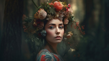 Generative AI created this surreal portrait of a woman in a flower headpiece amid a surreal forest.の素材