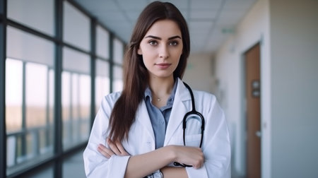 Generative AI, a gorgeous brunette in a hospital with a stethoscopeの素材