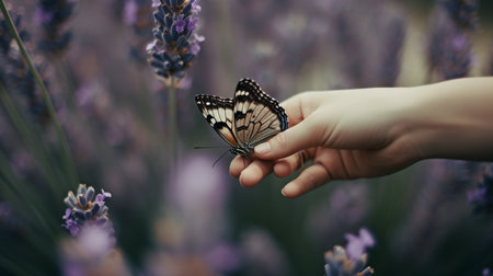 Generative AI butterfly on hand with background of lavender flowersの素材