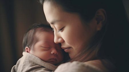 Generative AI and a loving mother carrying her newbornの素材