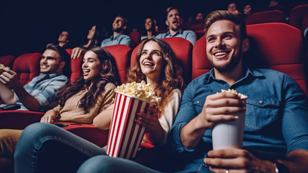 Laughing buddies watching a movie Generative AI, watching a movie, and popcornの素材