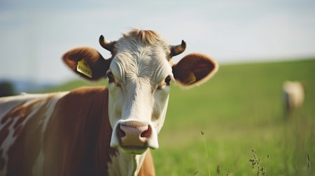 Generative AI, a contented cow in a springtime fieldの素材