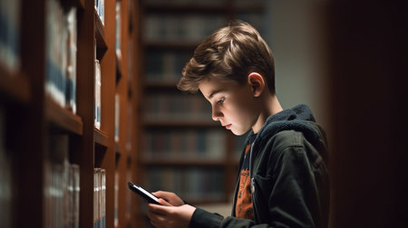 Boy holding a phone at a library, Generative AIの素材
