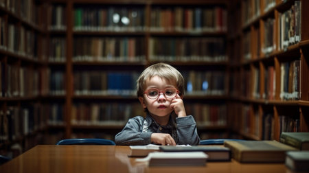 Boy holding a phone at a library, Generative AIの素材