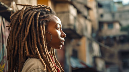 Profile of an African young woman with dreadlocks looking out at the city. Generative AIの素材