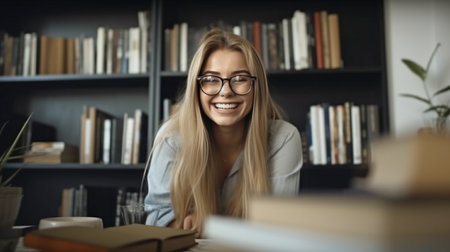 Generative AI, a happy woman working in an office with a book collectionの素材