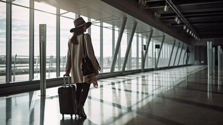 Near the airport terminal, a woman traveler is seen carrying luggage. Generative AIの素材