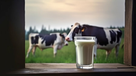 Generative AI, fresh milk in a glass on a dark oak table, and a blurry scenery with a cow in a meadowの素材