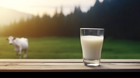 Generative AI, fresh milk in a glass on a dark oak table, and a blurry scenery with a cow in a meadowの素材