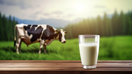 Generative AI, fresh milk in a glass on a dark oak table, and a blurry scenery with a cow in a meadowの素材