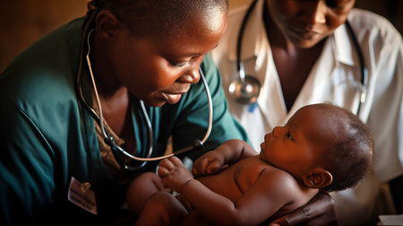 A newborn's chest is examined by an African doctor using a stethoscope to assess the condition of the lungs. The Generative AIの素材