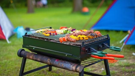 Generative AI close-up of a grill with a colorful BBQ in a campgroundの素材