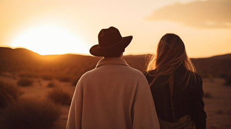 Generative AI, a desert couple strolling into the eveningの素材