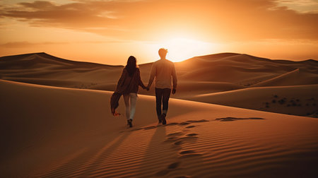 Generative AI, a desert couple strolling into the eveningの素材