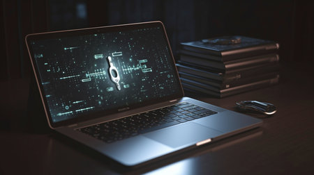 Data protection, cyber security, and Generative AI principles are shown on a laptop computer.の素材