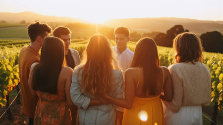 Generative AI, a group of friends, and an outdoor wine tasting event with a breathtaking vineyard as the backdropの素材