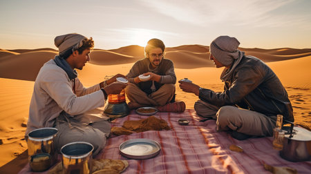 In a Saharan desert camp, three buddies are having breakfast using Generative AI.の素材