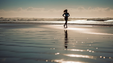 A fit lady is running on the beach. sportsperson exercising resolutely while barefoot. The Generative AIの素材