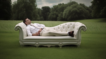 Generative AI, a dapper man dozing on a white sofa in a vast fieldの素材