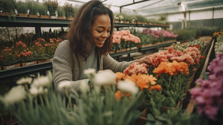 Generative AI depicts a contented young woman selecting fresh cuttings from the local flower shop.の素材