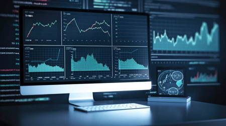 Generative AI, a laptop computer, and a dashboard for data business analysisの素材