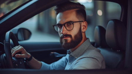 Driving a status automobile while grinning, a handsome young man in smart casual attire, Generative AIの素材