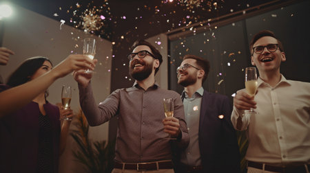 Generative AI, a coworker partner in the company marketing team, and a business celebration partyの素材