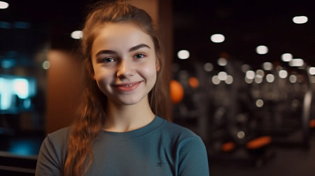 Generative AI, beautiful girl with a smile in a sports clubの素材