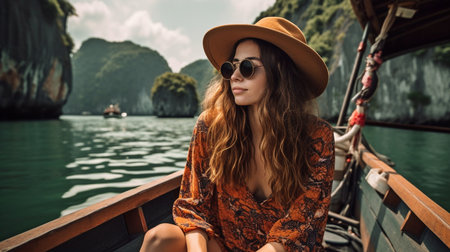 Generative AI depicts a female passenger on an Asian boat.の素材