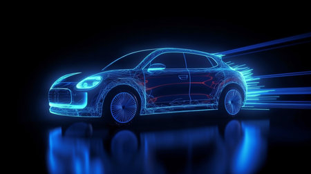 Dark electric automobile idea moving at great speed with blue neon lighting. Generative AI, rapid evolutionの素材