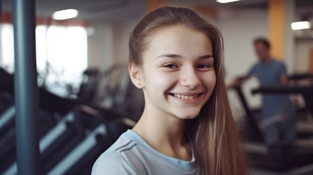 Generative AI, beautiful girl with a smile in a sports clubの素材