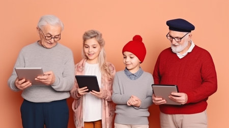 Grandparents, a father, a mother, a daughter, and a son examining photographs in an album while seated on a comfortable sofa, Generative AIの素材