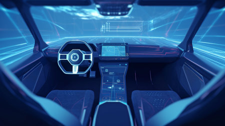 Future dashboard for an autonomous control system and Generative AI are present inside a driverless car.の素材