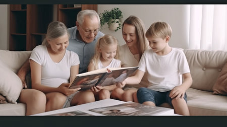 Grandparents, parents, daughters, and sons all using digital gadgets and Generative AIの素材