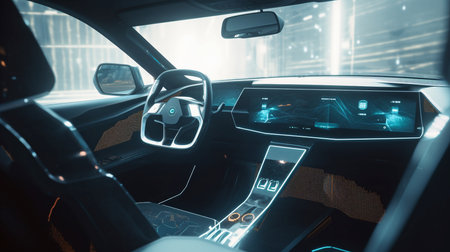 Future dashboard for an autonomous control system and Generative AI are present inside a driverless car.の素材