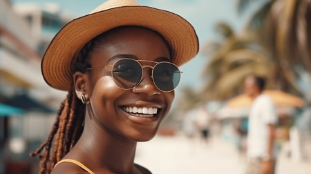 Generative AI depicts a Jamaican woman commuting by transport while smiling and having pleasure in the sun.の素材
