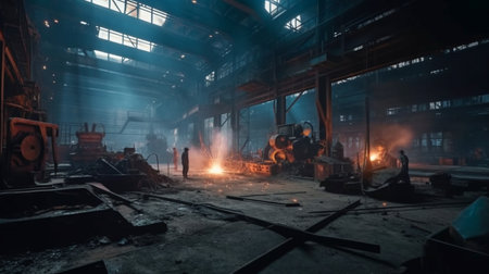 Large workshop with metallurgical plant personnel utilizing Generative AI, post-casting processing at the steel mill foundry, and cast iron component work.の素材