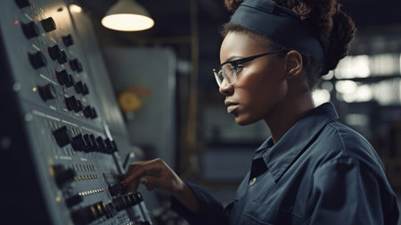 Modern African-American lady operating industrial machine units in a metalworking industry, side view picture, Generative AIの素材