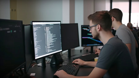 Generative AI and a team of programmers debating methods while seeing code-filled monitorsの素材