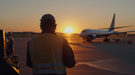 Generative AI, rear view of ground crew man writing information on clipboard during pre-flight inspection of the aircraft.の素材