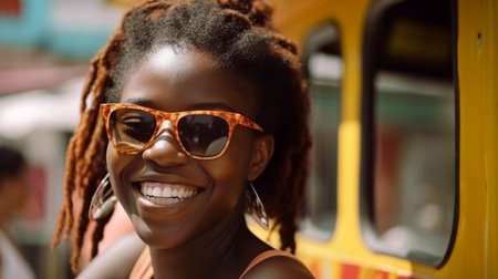 Generative AI depicts a Jamaican woman commuting by transport while smiling and having pleasure in the sun.の素材