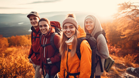 hiking with a group of happy pals and a rucksack, Generative AIの素材