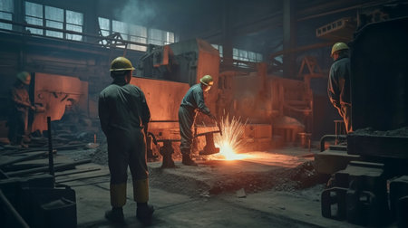 Generative AI, heavy industry backdrop, and workers in a factory with metal casting molds at a metallurgical steel millの素材