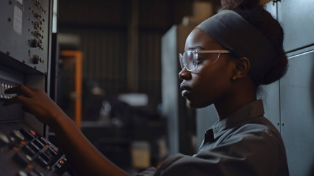 Modern African-American lady operating industrial machine units in a metalworking industry, side view picture, Generative AIの素材