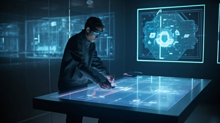 While developing a security system, a programmer uses holograms to verify data and Generative AI.の素材