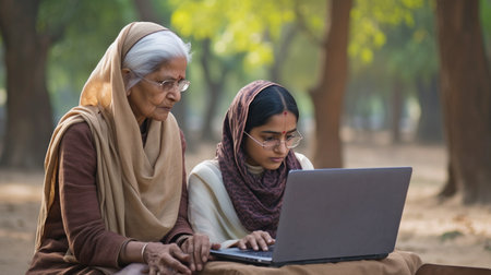 In a park in New Delhi, India, a young Indian woman is using a laptop to help her elderly retired mother. The Generative AIの素材