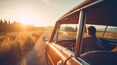 Generative AI's pleasant road trip and automobile journey of a person seated in a vehicle and getting ready for a summer vacationの素材