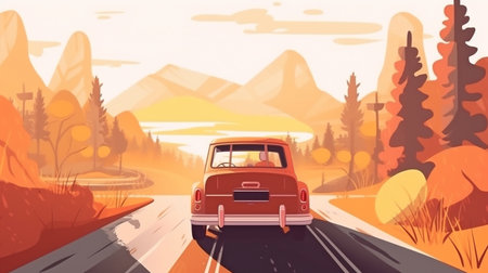 Generative AI's pleasant road trip and automobile journey of a person seated in a vehicle and getting ready for a summer vacationの素材