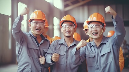 After a significant economic victory, Generative AI captures the joy of a group of industrial employees or engineers wearing safety gear and hardhats.の素材