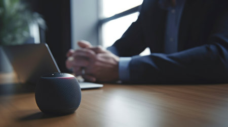 Voice Assistant in Closeup in Front of a Businessman Working at His Desk, Generative AIの素材